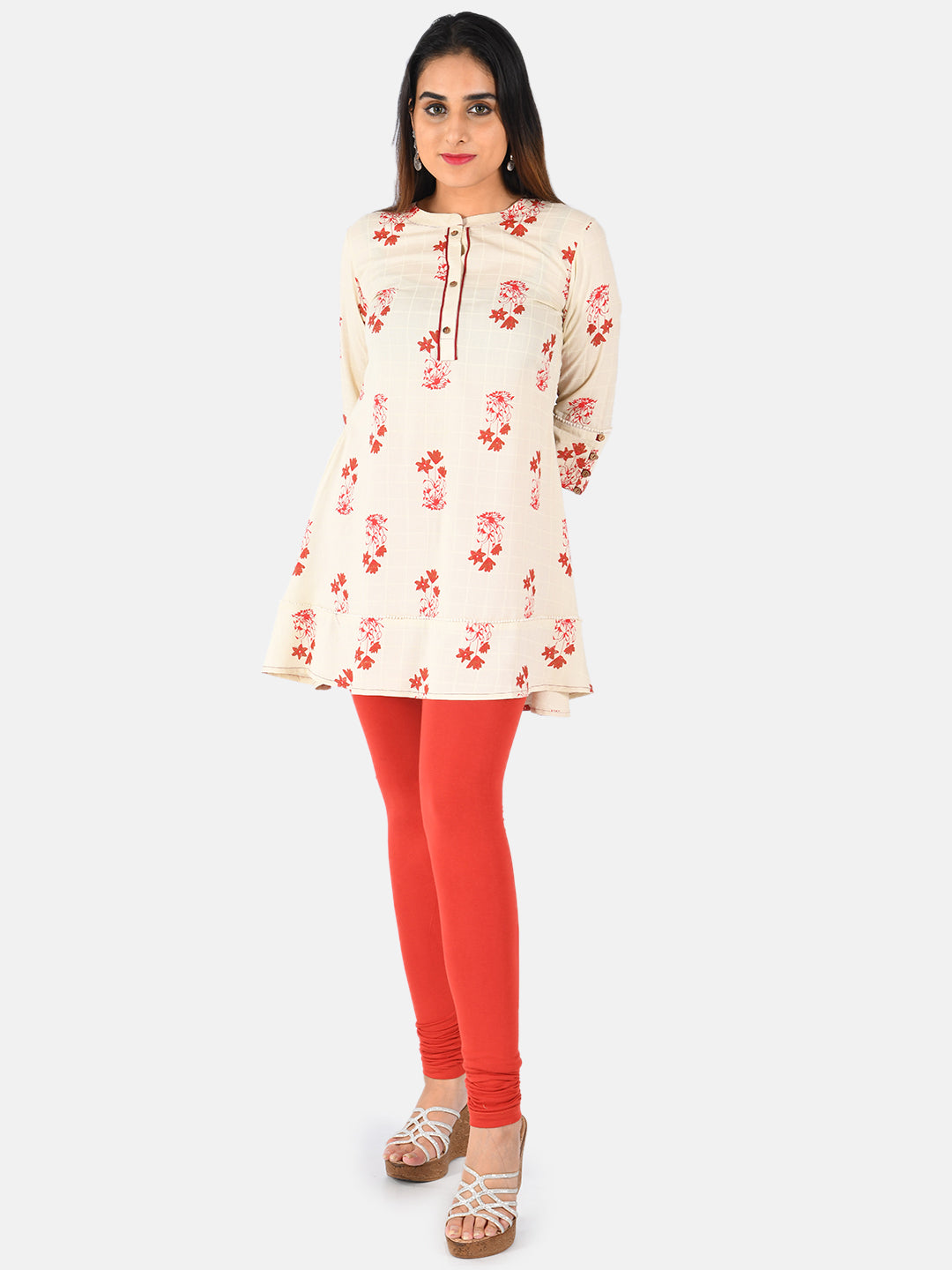 Neerus Beige printed A-Line kurti - back view