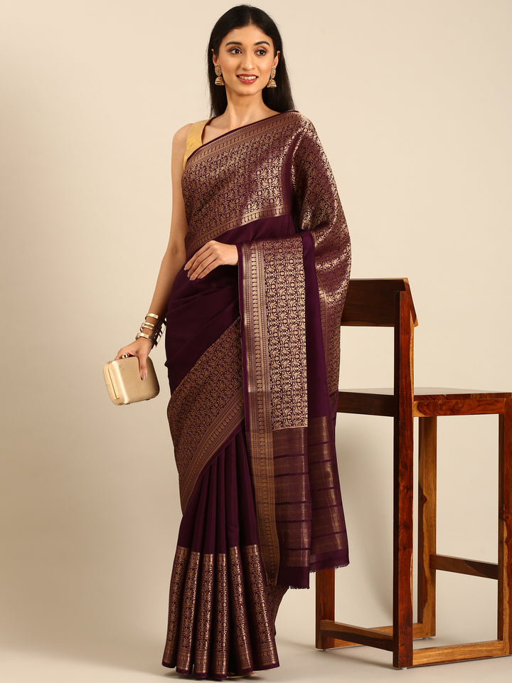 Wine Mysore Crepe Saree With Zari Jaal Border