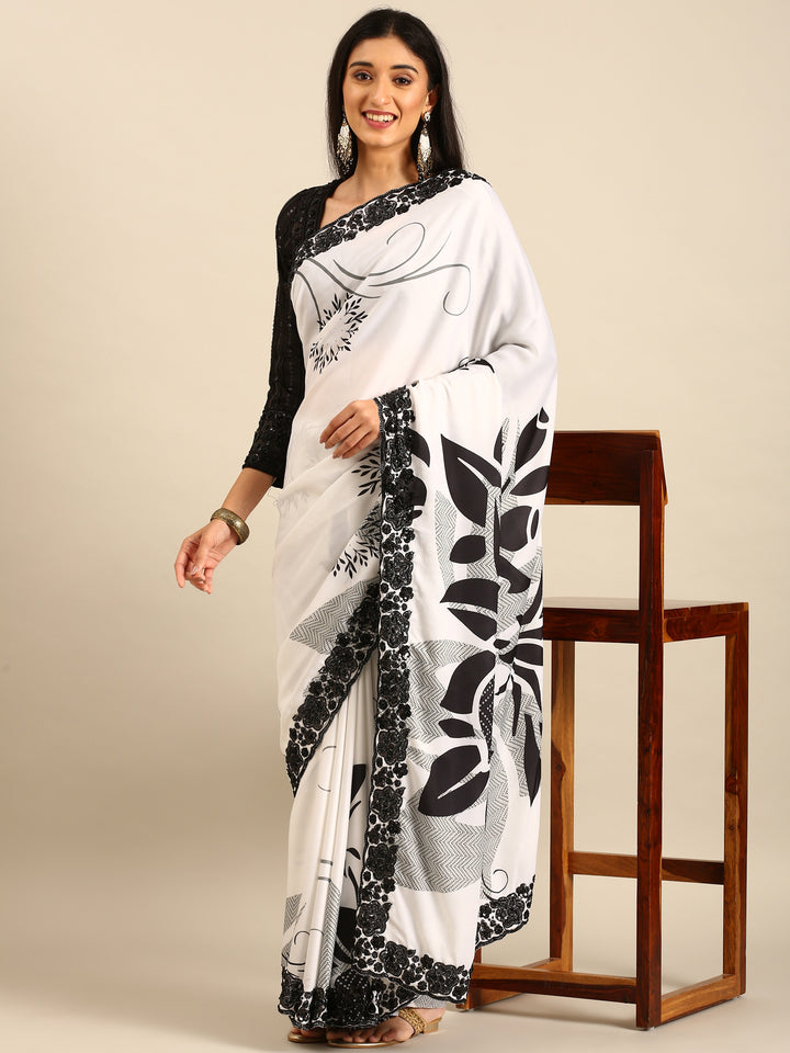 Black & White Satin Printed Saree With Hand Embroidery & Readymade blouse