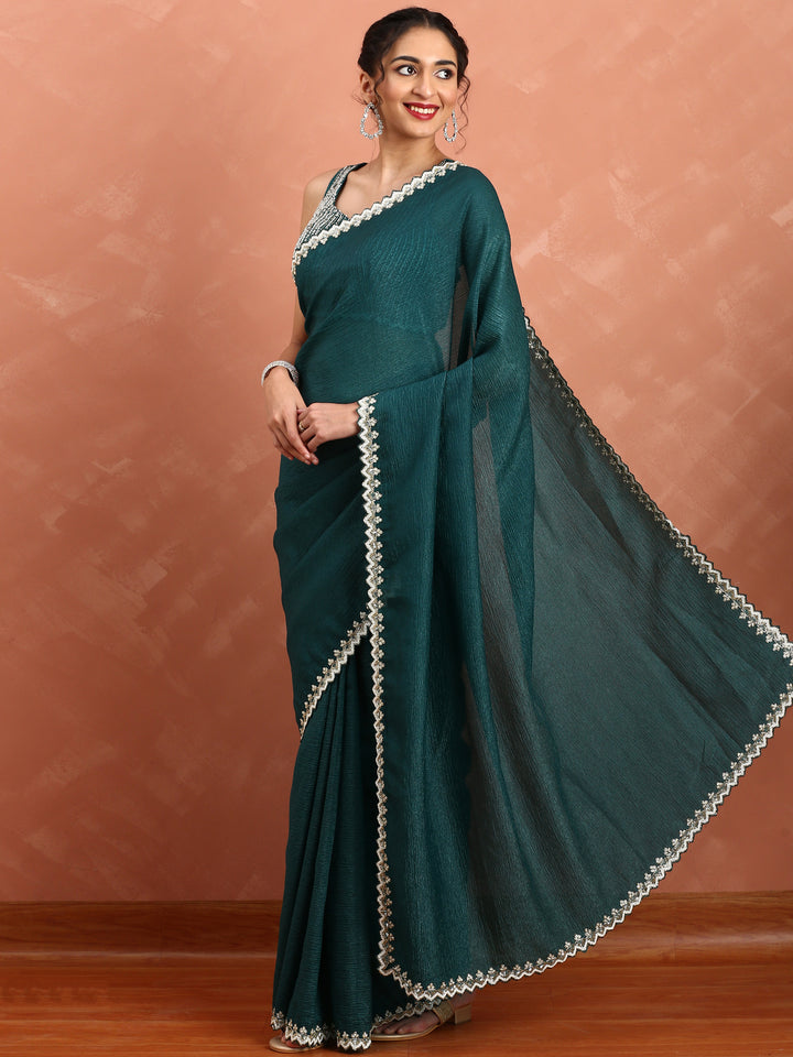 Bottle green Jimmy saree with cut Dana & pearl embroidery with ready made blouse
