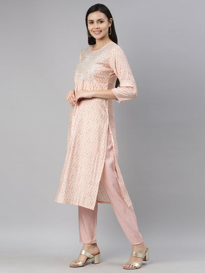 Neerus Women Peach-Coloured Embroidered Kurti with Trousers