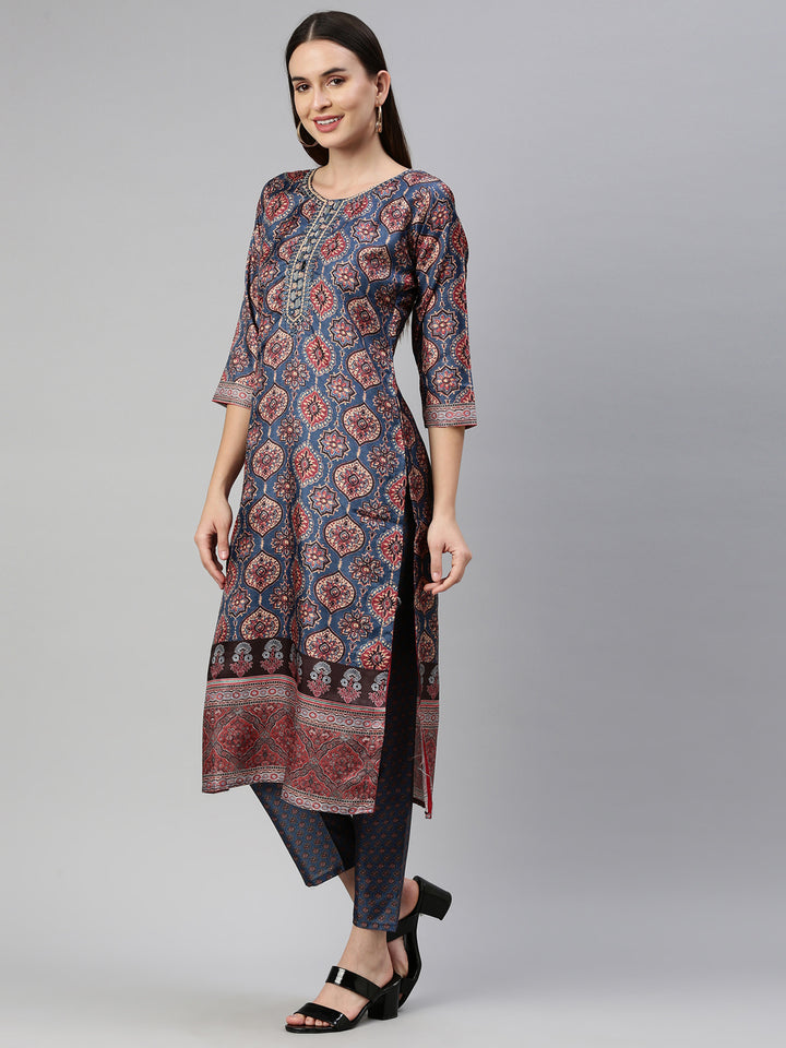 Neerus Women Blue Ethnic Motifs Printed Dupion Silk Kurta with Trousers
