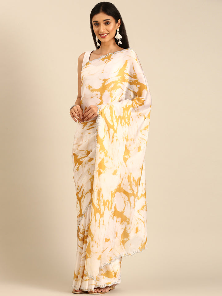 Mustard & white printed satin saree with Swarovski embroidery