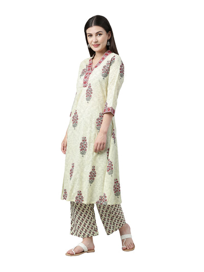 Neerus Women Green  Maroon Printed Kurta with Trousers