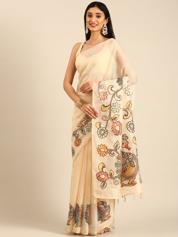 Cream Kota Saree With Kalamkari Appliqué Work On Pallu