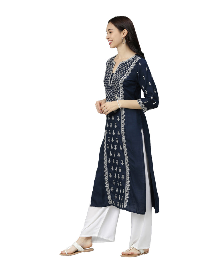 Neerus Women Navy Blue White Floral Embroidered Thread Work Kurta