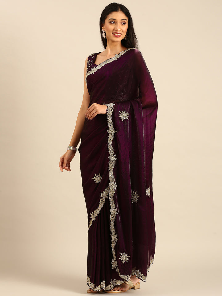 Wine shimmer tissue saree with cut Dana & Swarovski embroidery