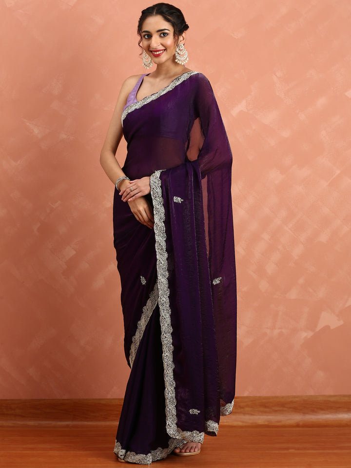 Wine Jimmy sheer satin saree with hand embroidery saree