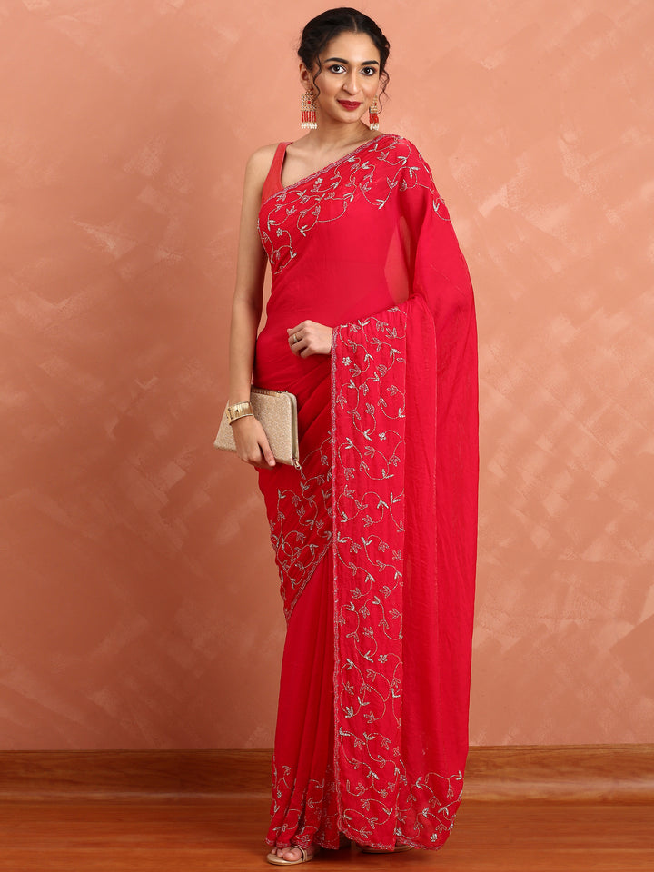 Rani pink Jimmy saree with cut dana & Swarovski hand embroidery