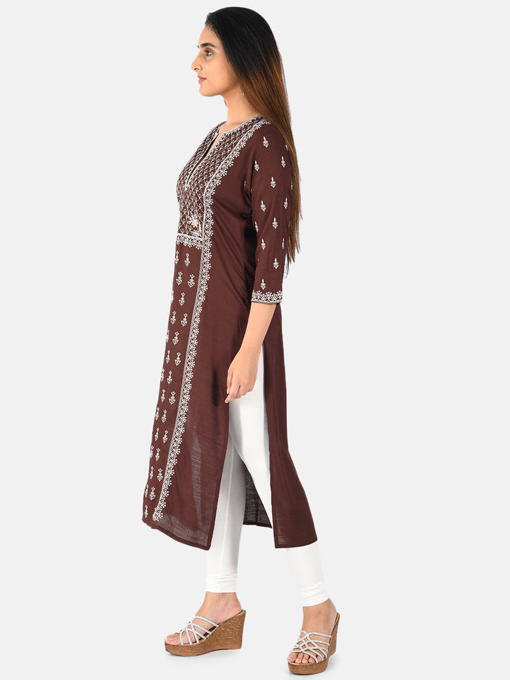 Neerus Brown printed A-Line kurta - back view