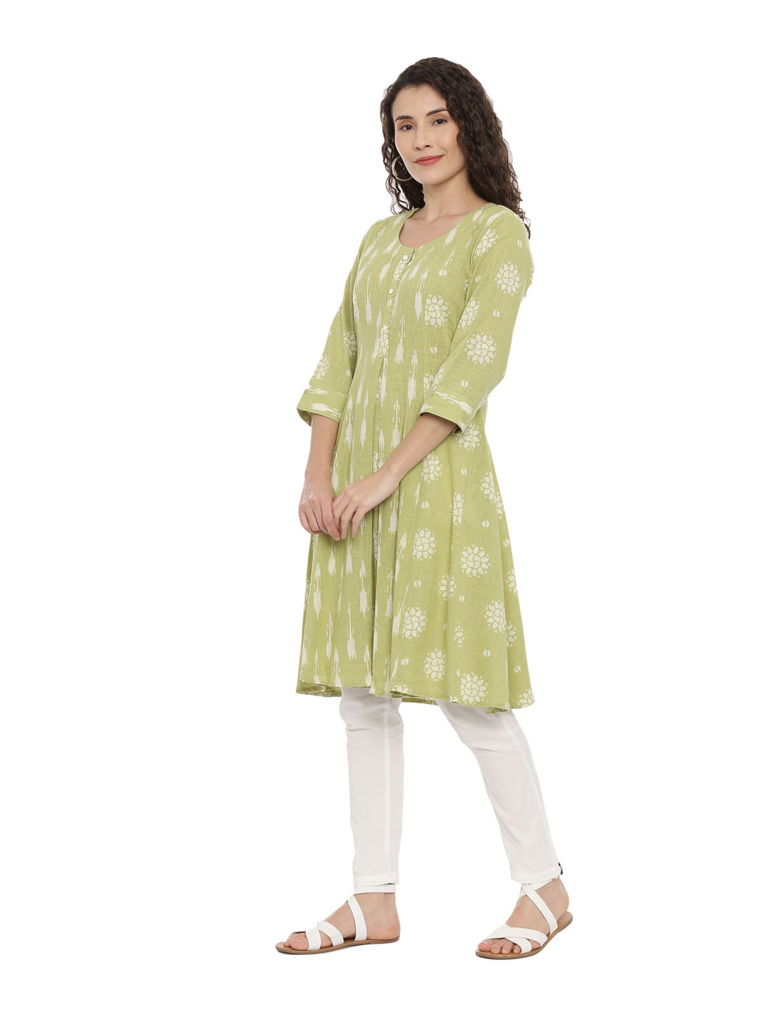 Neerus Women Green White Woven Design Anarkali Kurta