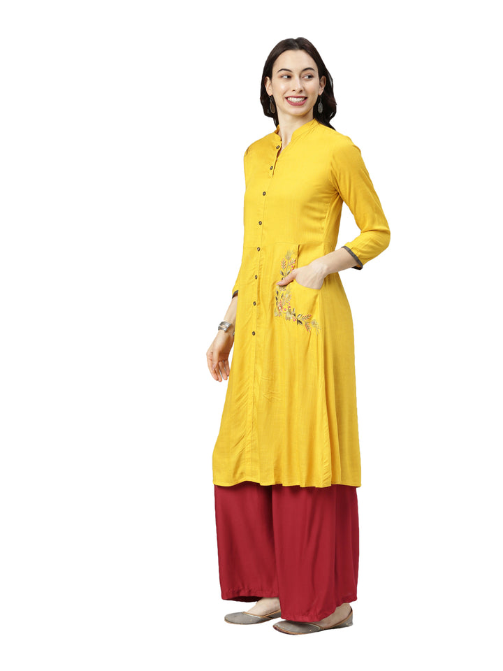 Neerus Yellow cotton solid kurti - back view