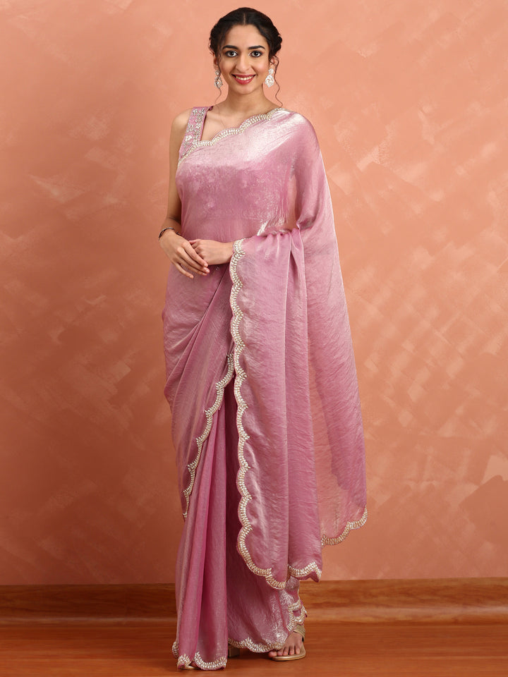 Onion pink Jimmy tissue saree with stones & cut Dana embroidery