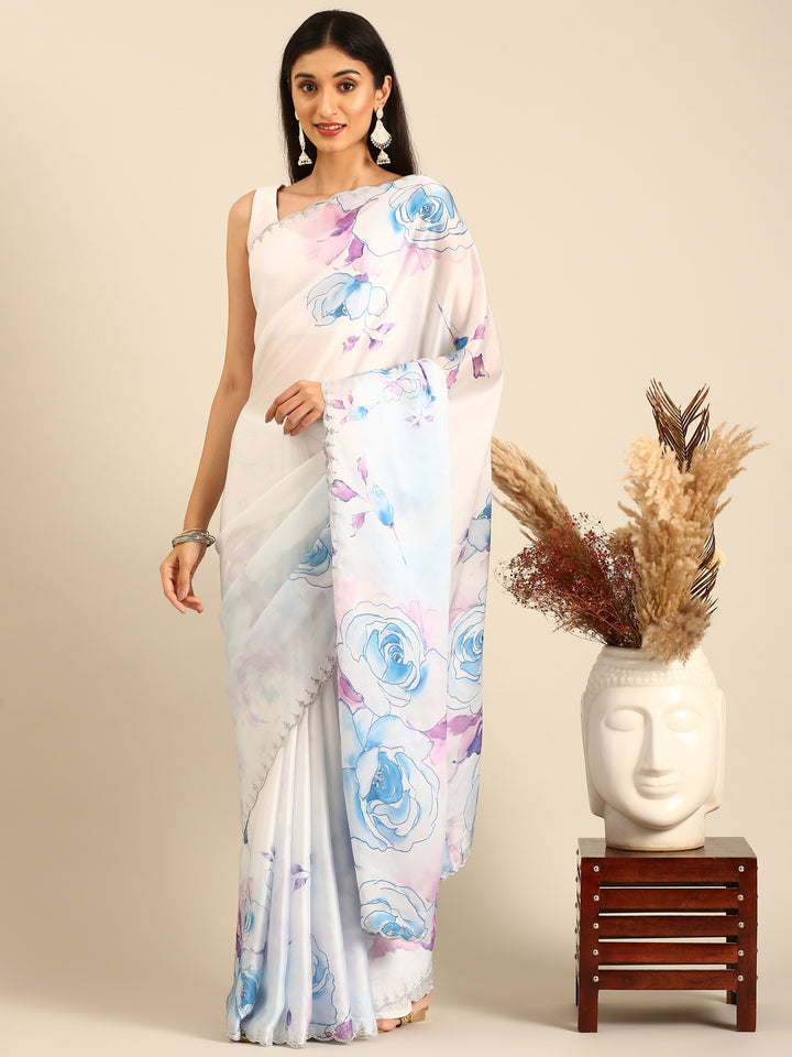 Blue satin floral printed saree with Swarovski embroidery
