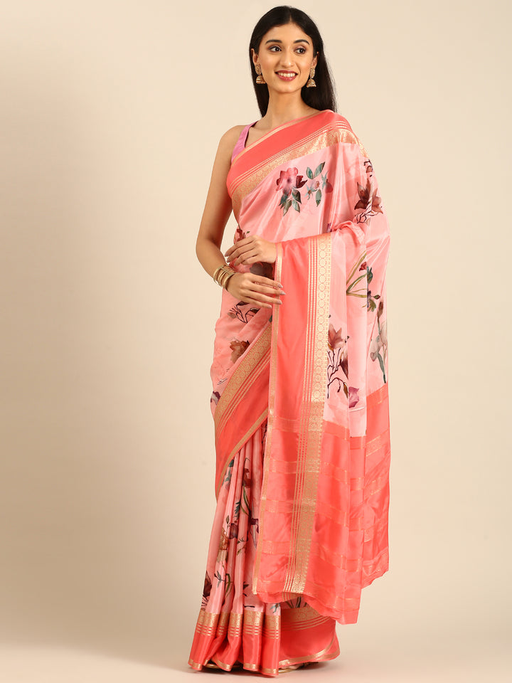 Pink Mysore crepe saree with Zari contrast border