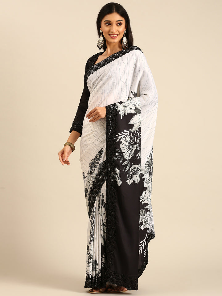 Black & White Satin Printed Saree With Hand Embroidery & Readymade Blouse