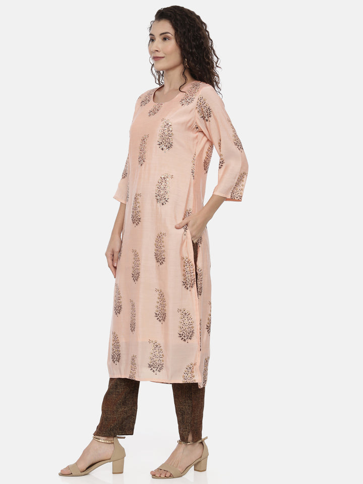 Neerus Women Peach-Coloured Ethnic Motifs Printed Kurta