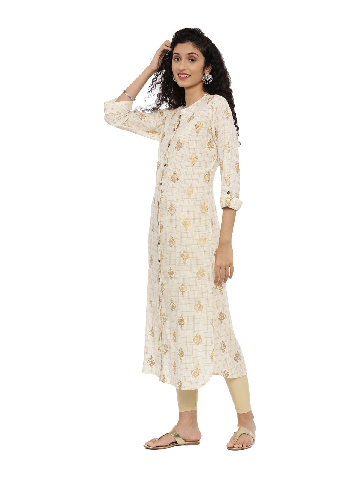 Neerus Women Cream-Coloured Thread Work Kurta