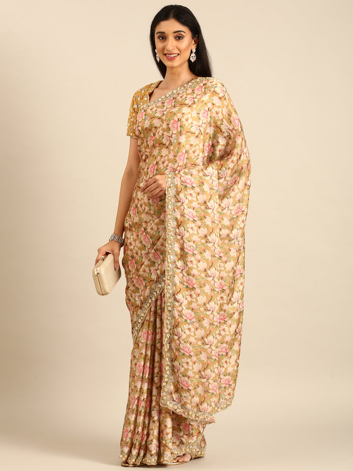 Yellow Floral Printed Satin Saree With Pearls & Sequins Embroidery With Heavy Readymade Blouse
