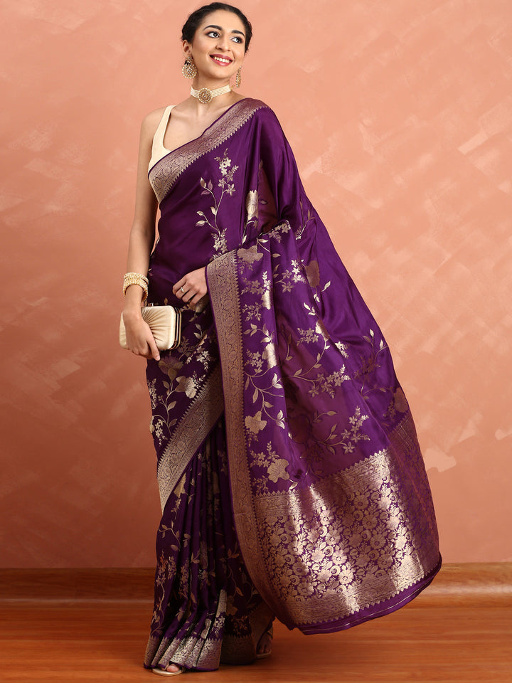 Wine banaras silk saree with gold motifs