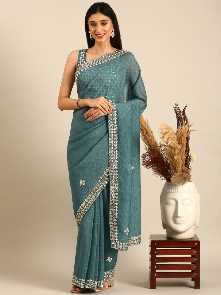 Green Jimmy crushed tissue saree with pearls & sequins embroidery with heavy ready made blouse