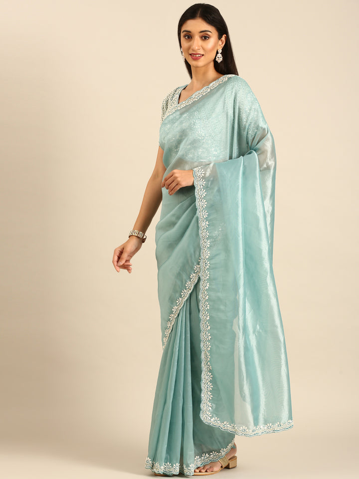 Sky blue Jimmy tissue saree with pearls & beads embroidery with heavy ready made blouse