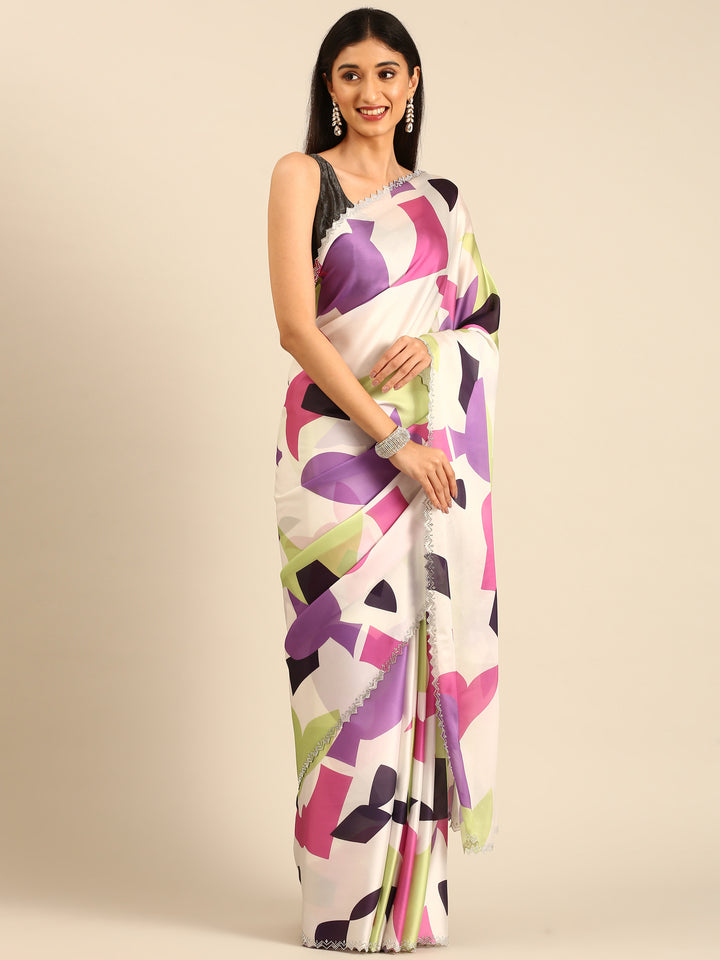 Cream & Purple Printed Satin Saree With Swarovski Embroidery