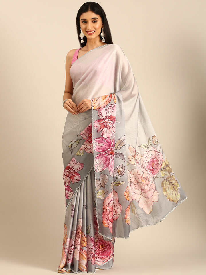 Great Satin Floral Printed Saree With Swarovski Embroidery