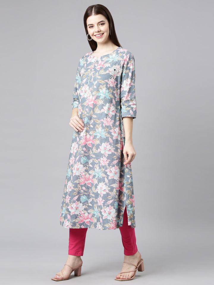 Neerus Grey printed floral straight kurta - back view