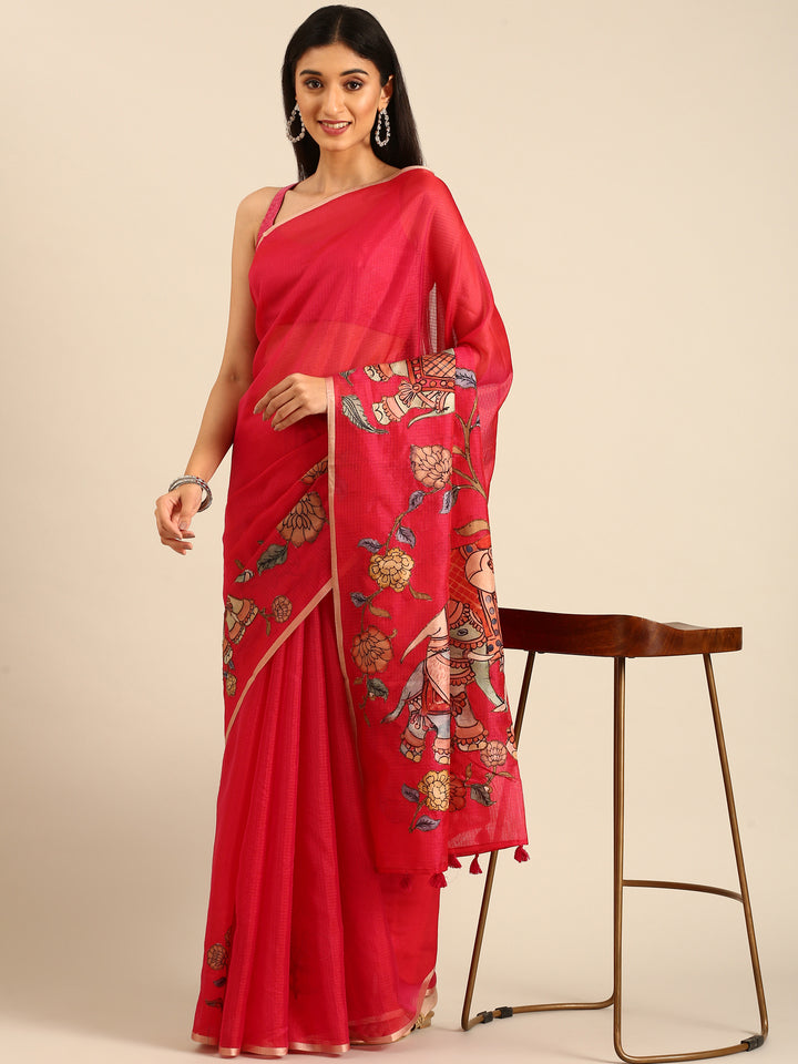 Rani Pink Kota Saree With Kalamkari Appliqué Work On Pallu