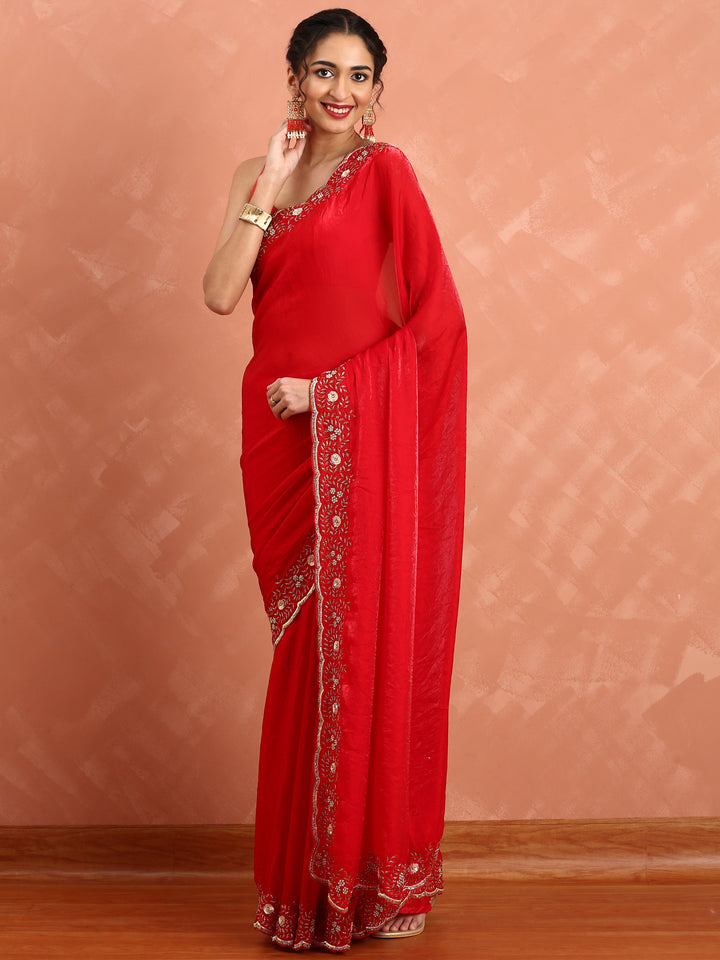 Red jimmy saree with stones and Swarovski hand embroidery