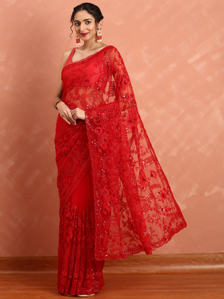 Red net saree with pearl and sequins hand embroidery with scallop border