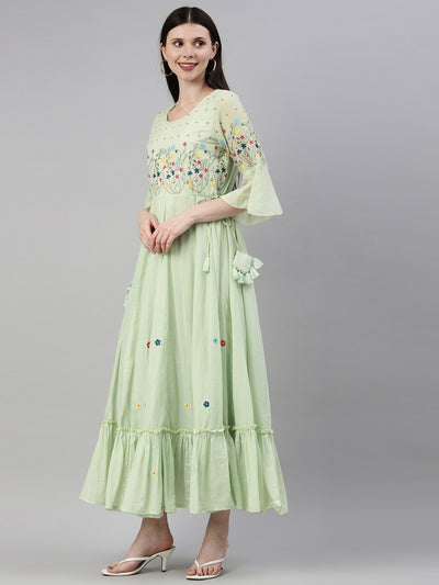 Neerus Women Green  Blue Yoke Design Thread Work Anarkali Kurta