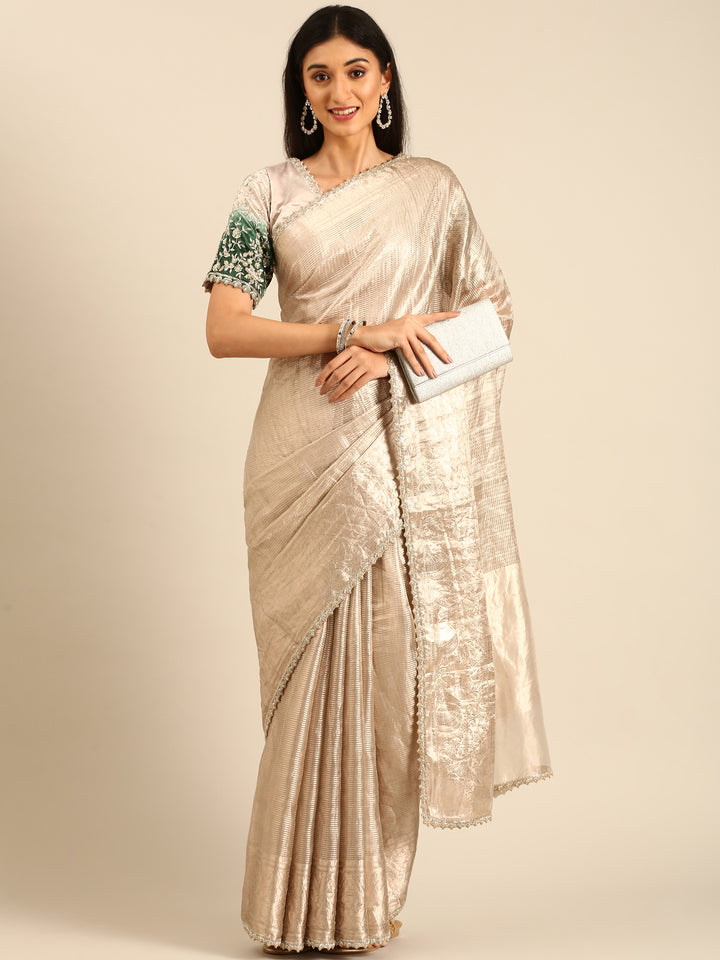 Silver Tissue Saree Silver Zari Allover Work Heavy Green Contrast Blouse Readymade Blouse