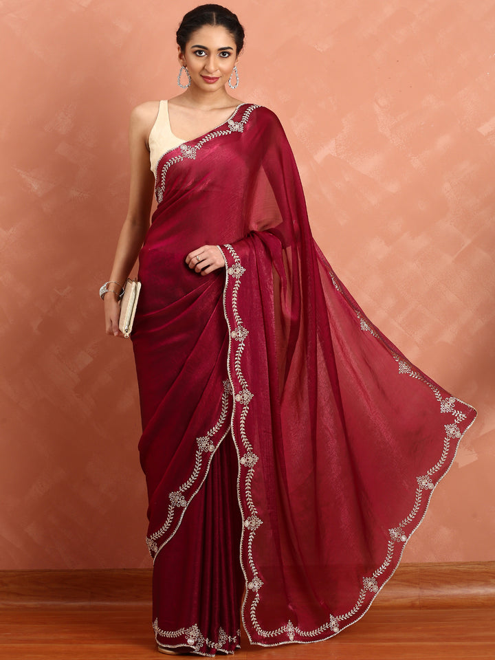Mahroon jimmy tissue saree with cut Dana hand embroidery