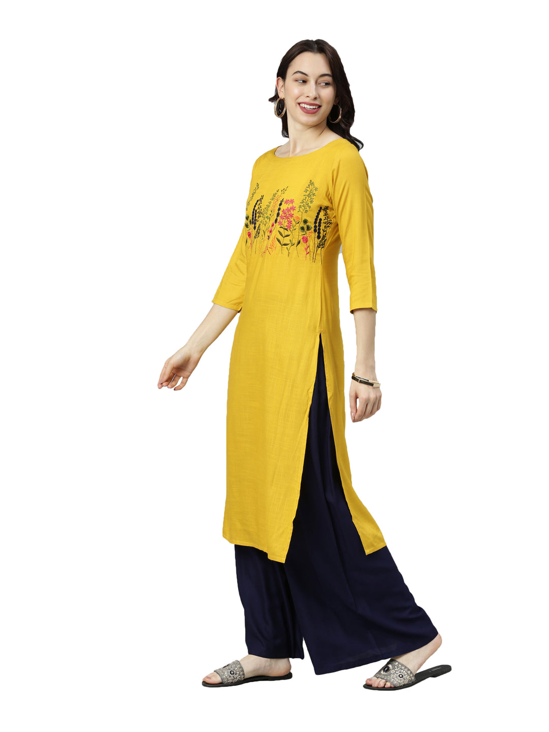 Neerus Yellow thread embroidered floral kurta - side view