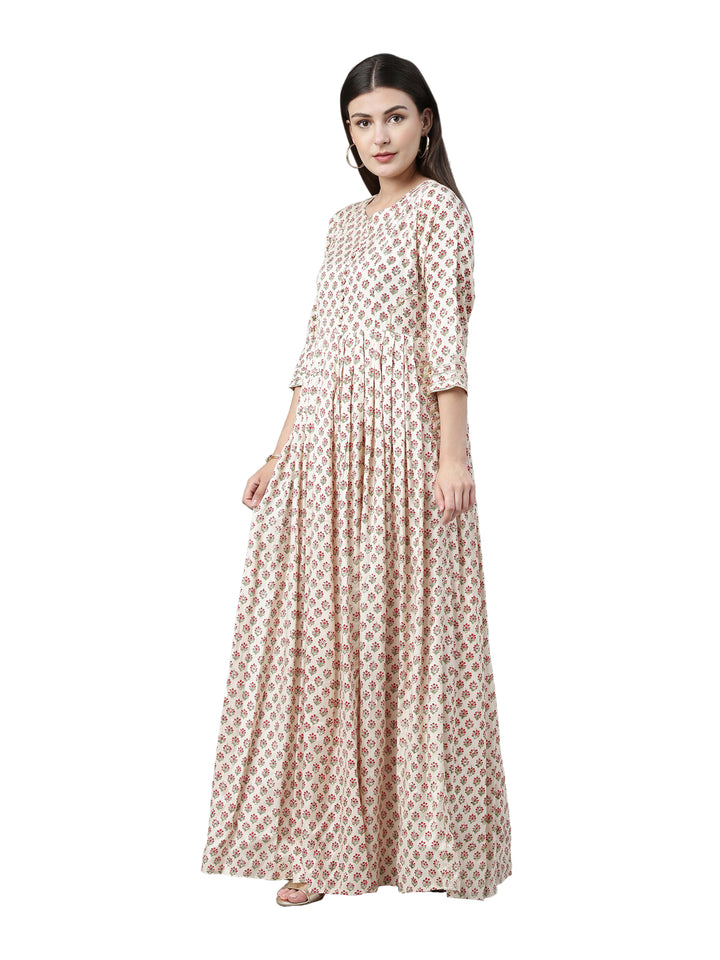 Neerus Women Cream-Coloured Floral Printed Anarkali Kurta