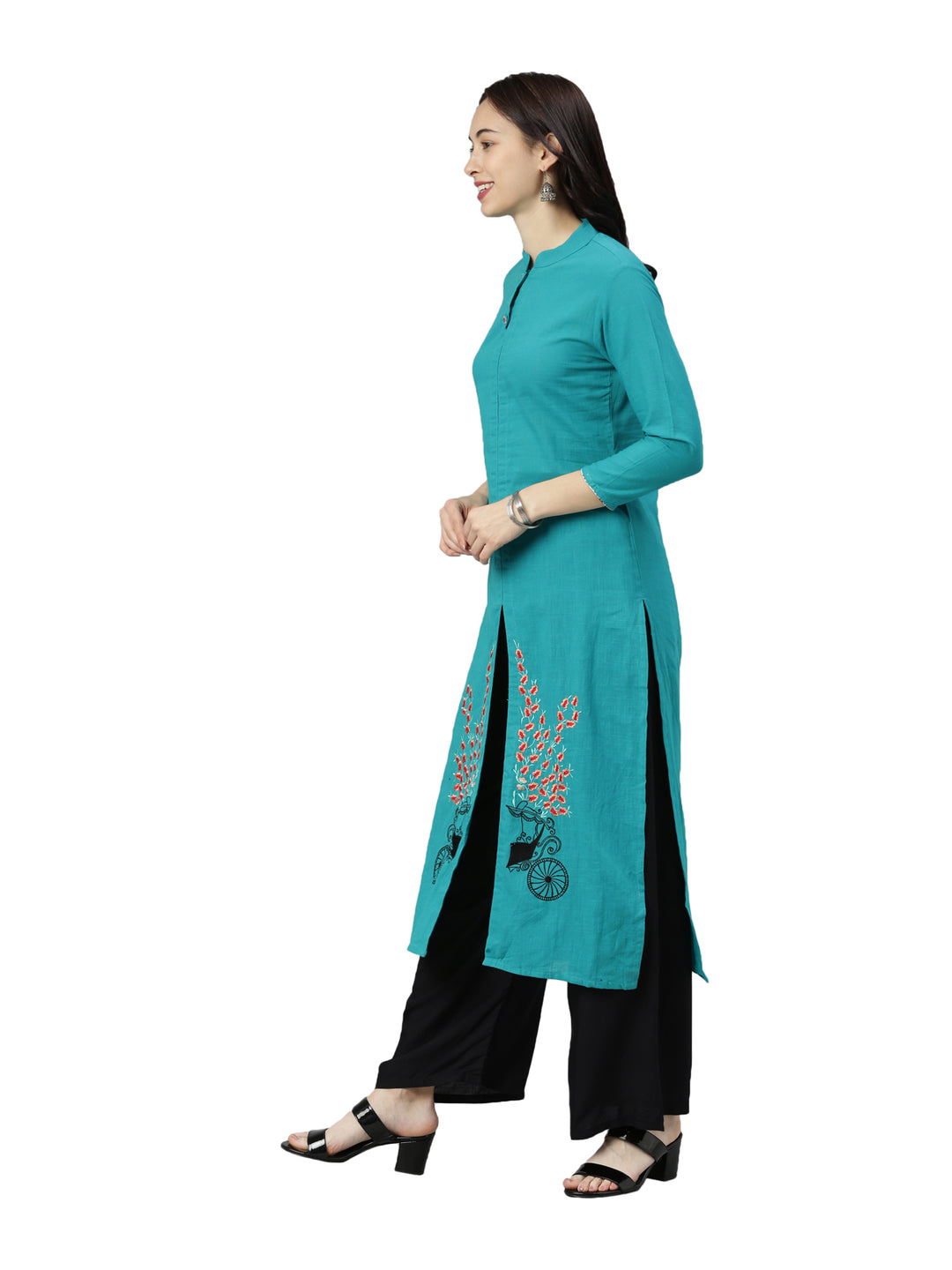Neerus Women Sea Green  Black Solid Straight Kurta