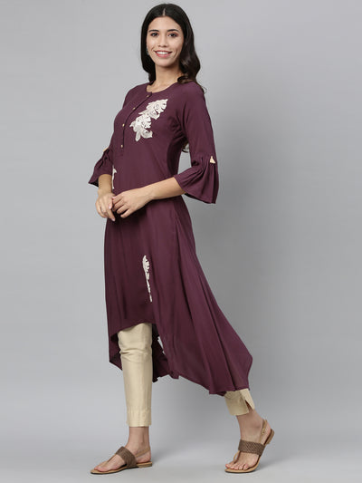 Neerus Women Purple Embroidered Bell Sleeves Thread Work Kurta