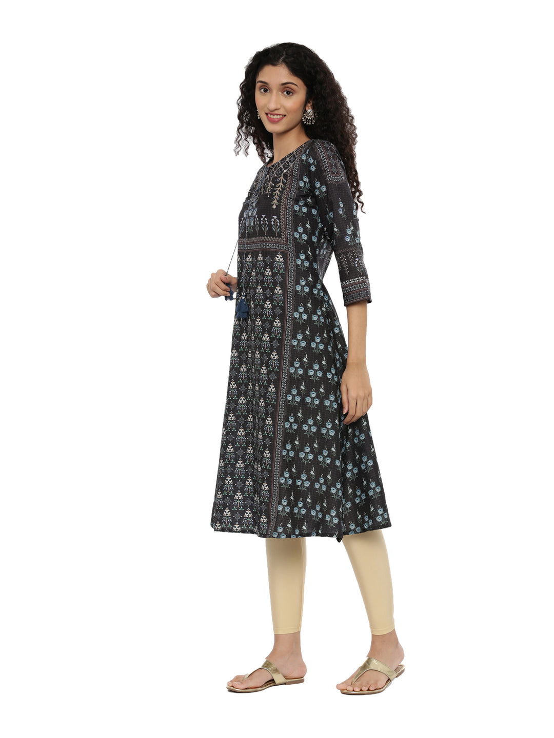 Neerus Black printed A-line kurti - detail view 2