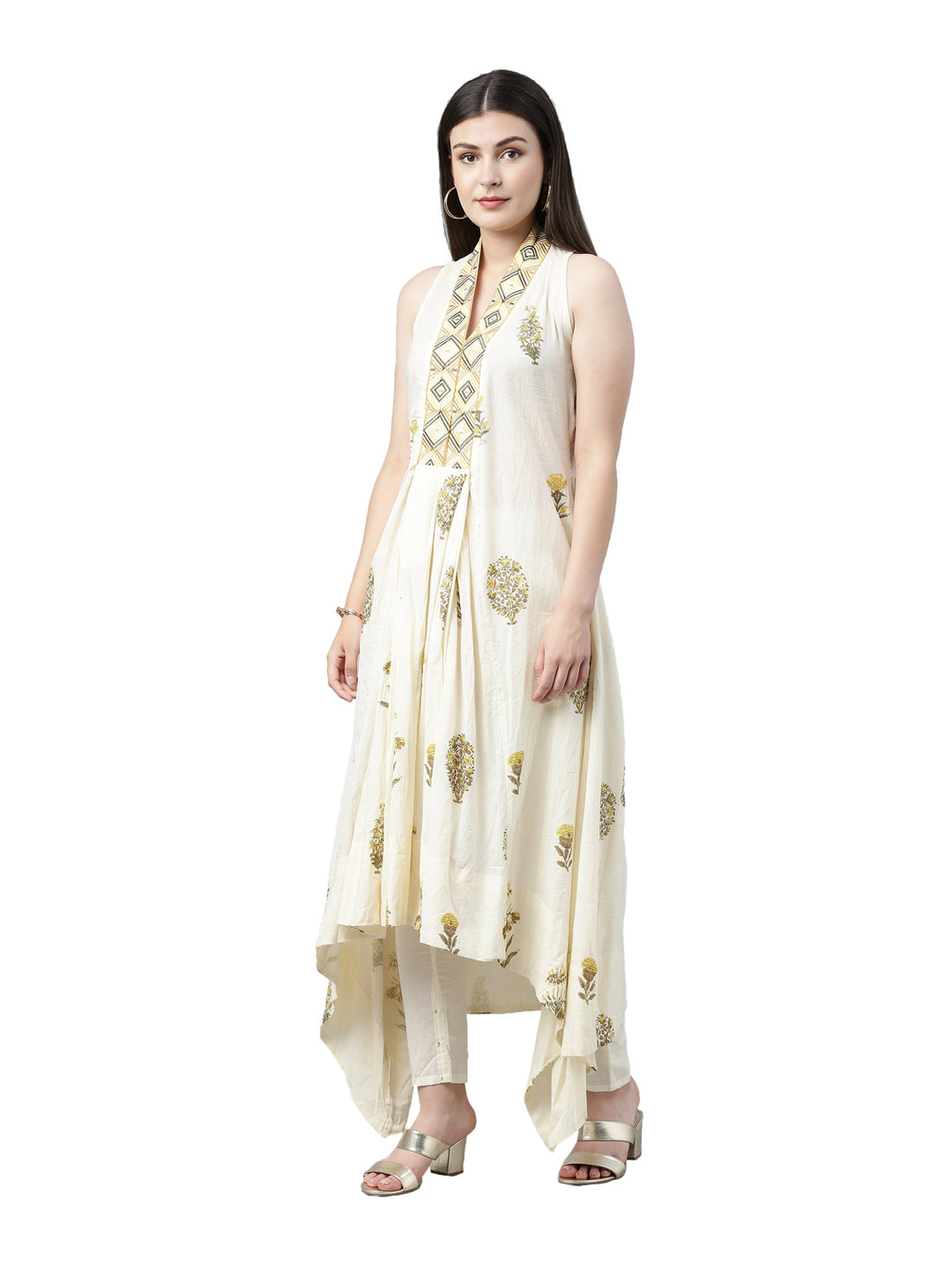 Neerus Women Cream-Coloured Printed Kurta with Salwar