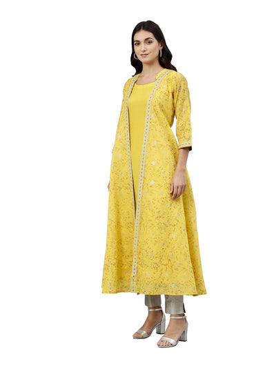 Neerus Women Yellow  Gold-Toned Printed Thread Work Anarkali Kurta