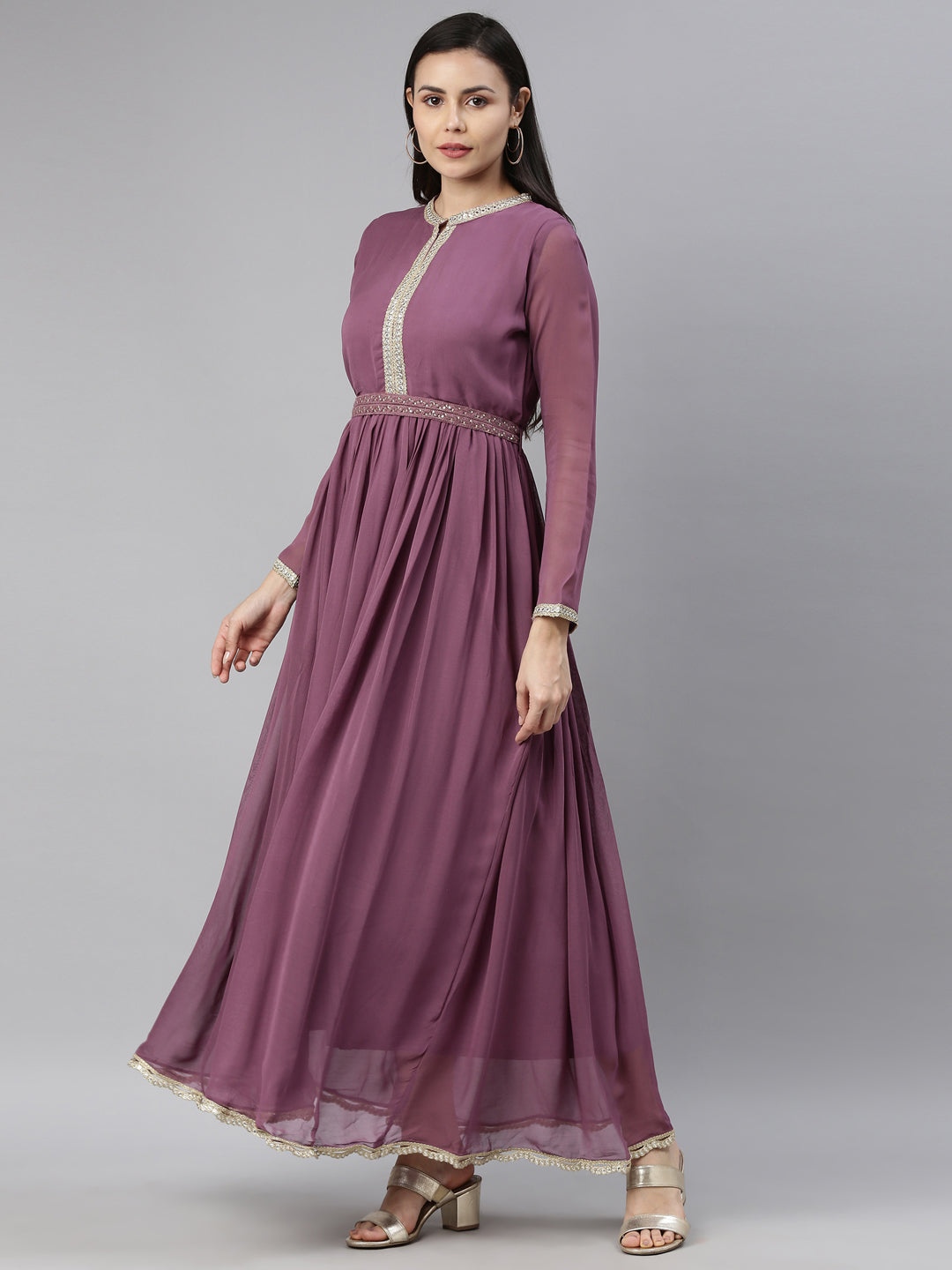 Neerus Purple Georgette Thread Embroidered Anarkali Kurta - back view