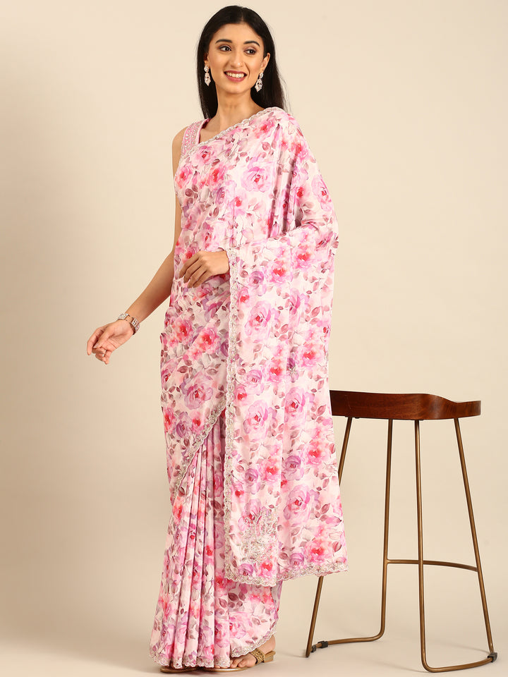 Pink floral printed satin saree with pearls & sequins embroidery with heavy ready made blouse