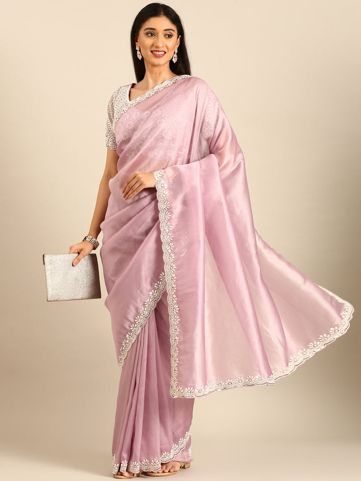 Lavender Jimmy Tissue Saree With Pearls & Beads Embroidery With Heavy Readymade Blouse
