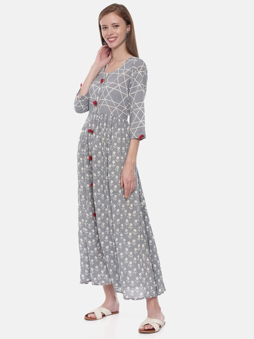 Neerus Grey printed anarkali kurti - back view