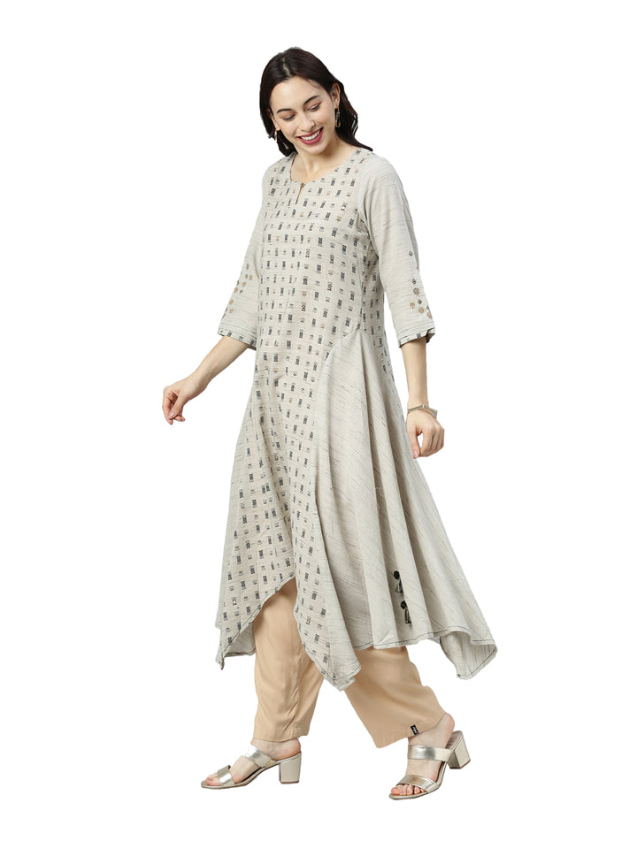 Neerus Women Grey Ethnic Motifs Printed Keyhole Neck Kurta