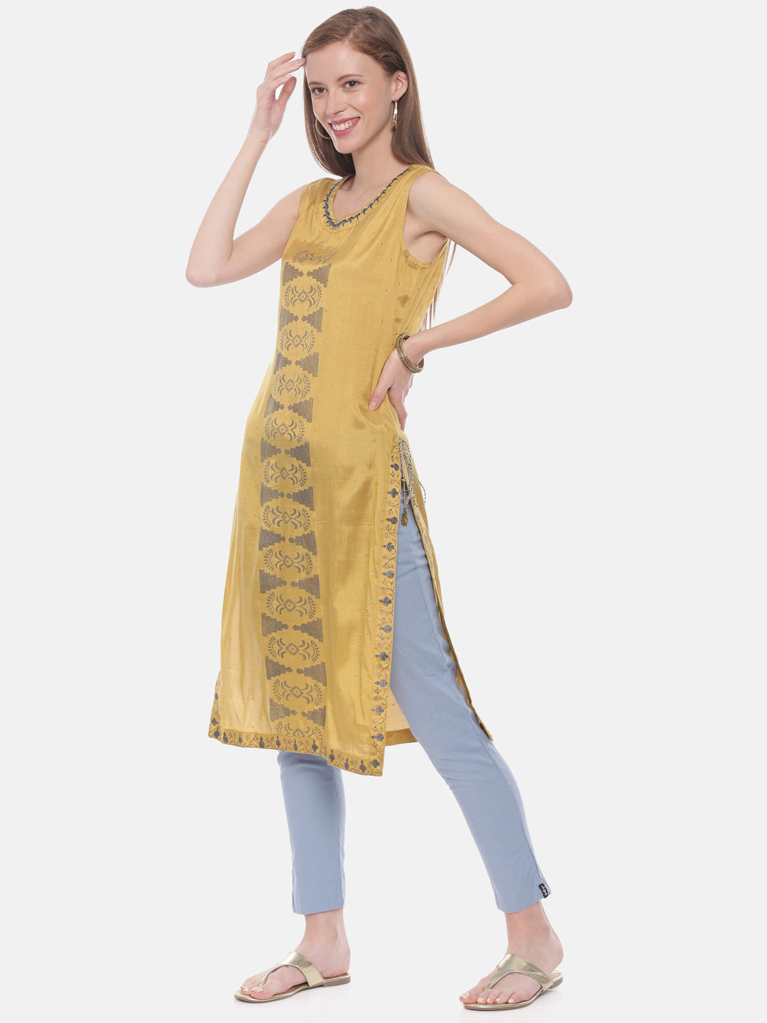 Neerus Yellow embroidered straight kurta - back view