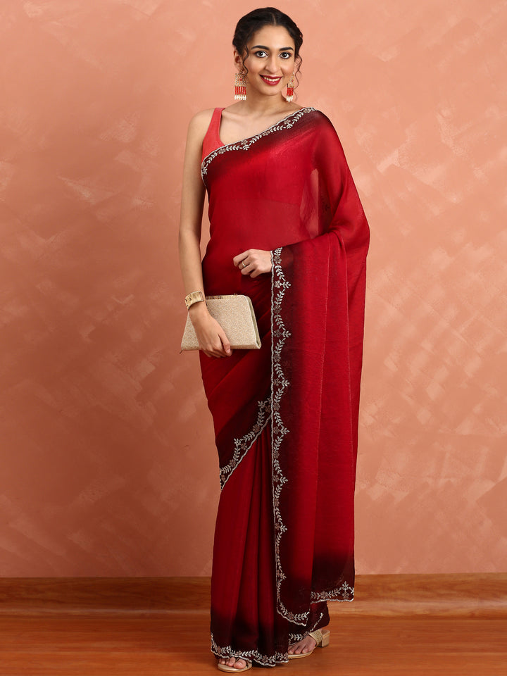 Red Jimmy Tissue Saree With Hand Embroidery