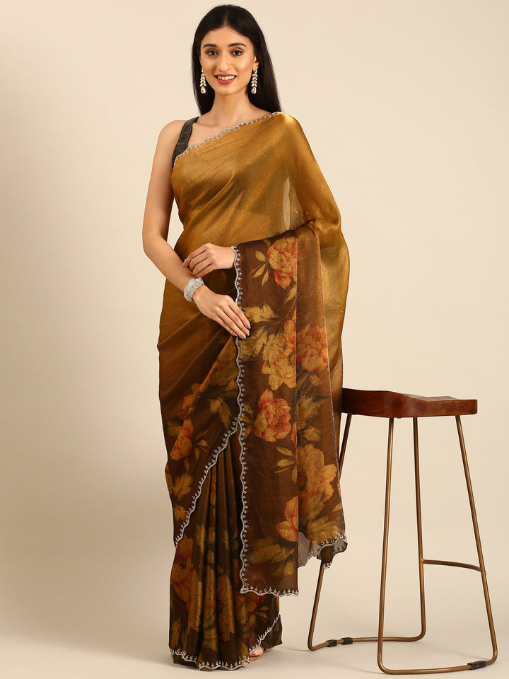 Gold & Rust Floral Printed Jimmy Tissue Saree With Swarovski Embroidery
